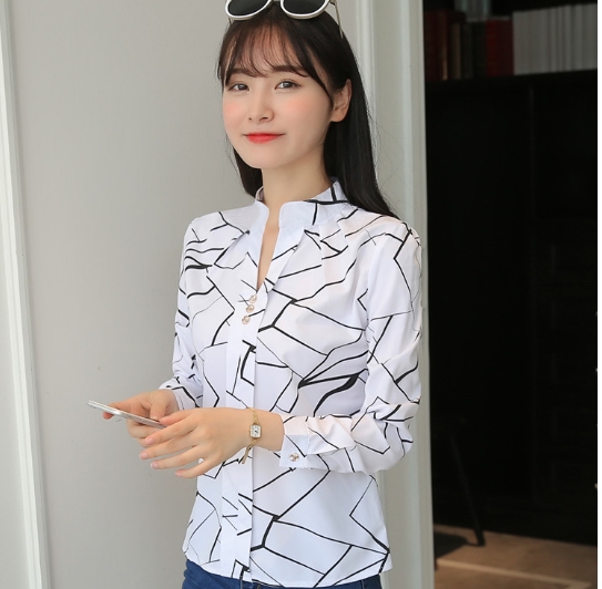 Casual striped long sleeved shirt, loose white stand up collar top