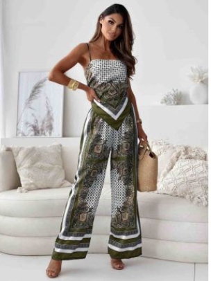 Fashion printed suspender, chest wrapped, positioning floral pants set