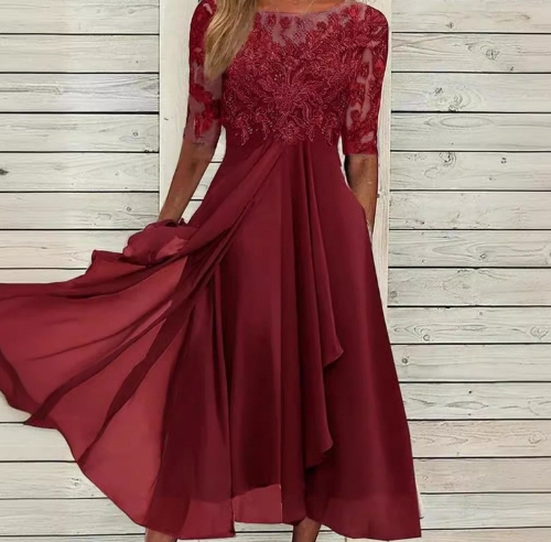 Dress chiffon patchwork lace hollow out long skirt bridesmaid evening gown women's wear