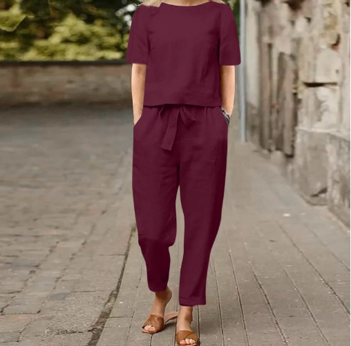 Cotton and linen summer matching set, half sleeved wide leg pants retro set