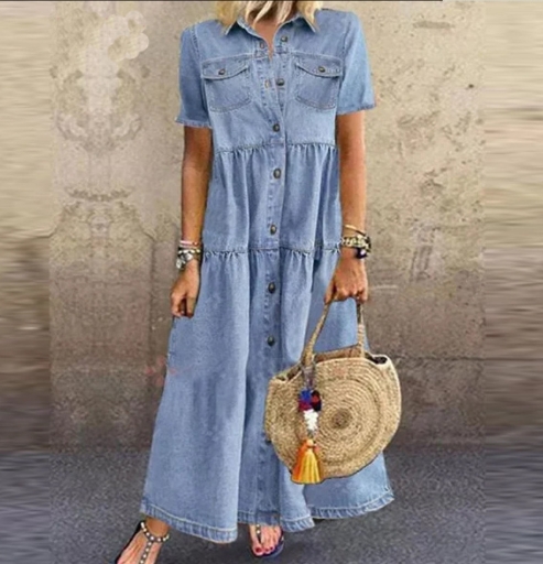 European and American denim style long multi button distressed dress