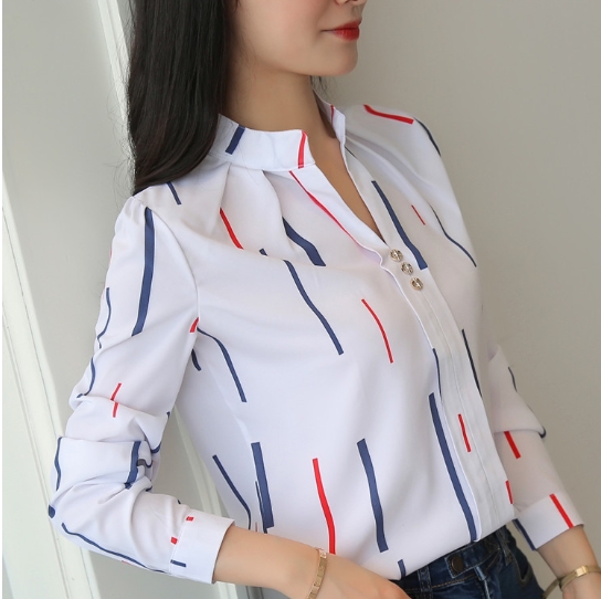 Casual striped long sleeved shirt, loose white stand up collar top