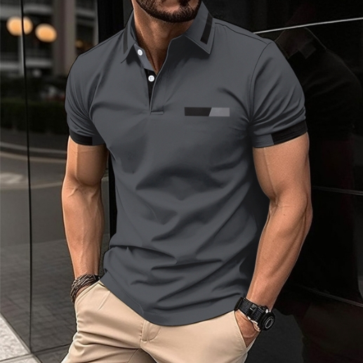Casual polo shirt with fake chest pocket, lapel button, business T-shirt top