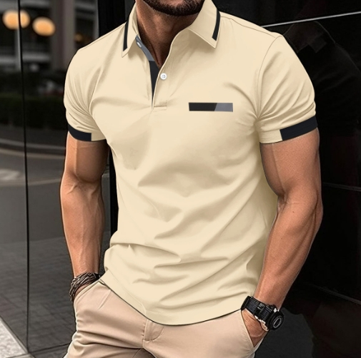 Casual polo shirt with fake chest pocket, lapel button, business T-shirt top