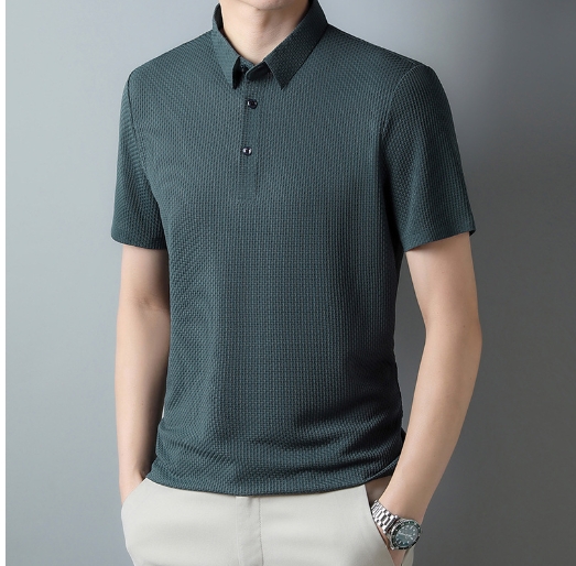 Ice silk men's polo shirt casual men's jacquard lapel non ironing short sleeved shirt