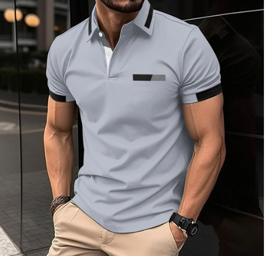 Casual polo shirt with fake chest pocket, lapel button, business T-shirt top