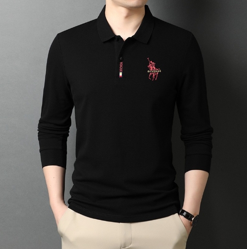 Long sleeved polo shirt with embroidered lapel for casual and loose men's wear