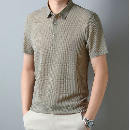 Ice silk men's polo shirt casual men's jacquard lapel non ironing short sleeved shirt