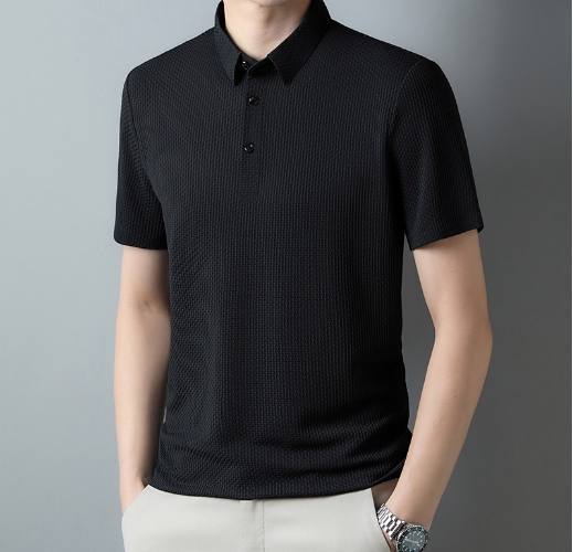 Ice silk men's polo shirt casual men's jacquard lapel non ironing short sleeved shirt