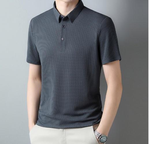 Ice silk men's polo shirt casual men's jacquard lapel non ironing short sleeved shirt