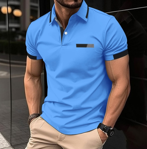 Casual polo shirt with fake chest pocket, lapel button, business T-shirt top