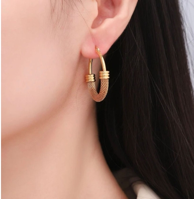 Mesh half mesh wrapped ear buckle jewelry, new Chinese style stainless steel circle ear ring
