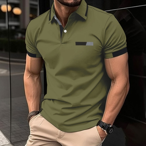 Casual polo shirt with fake chest pocket, lapel button, business T-shirt top