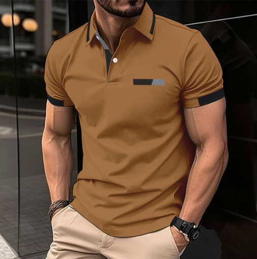Casual polo shirt with fake chest pocket, lapel button, business T-shirt top