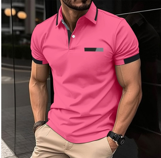 Casual polo shirt with fake chest pocket, lapel button, business T-shirt top