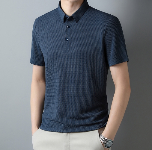Ice silk men's polo shirt casual men's jacquard lapel non ironing short sleeved shirt