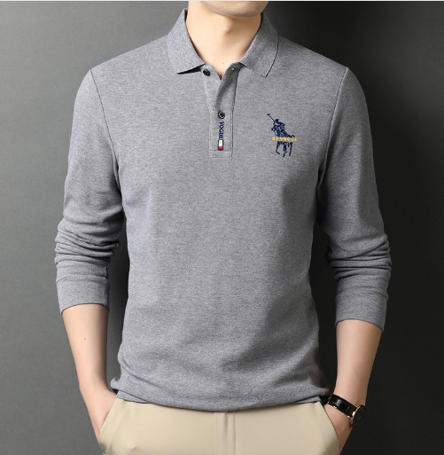 Long sleeved polo shirt with embroidered lapel for casual and loose men's wear