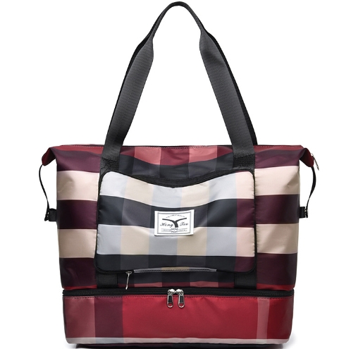 Foldable checkered travel bag, fashionable single shoulder, large capacity, short distance travel luggage bag