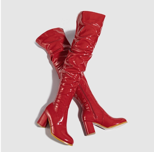 Tall boots, round toe, wrinkled, thick heel, black, knee high, stacked boots