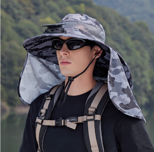 Outdoor fishing, mountain climbing, sun hat, fan fishing hat, color ultrasound, large eave with fan