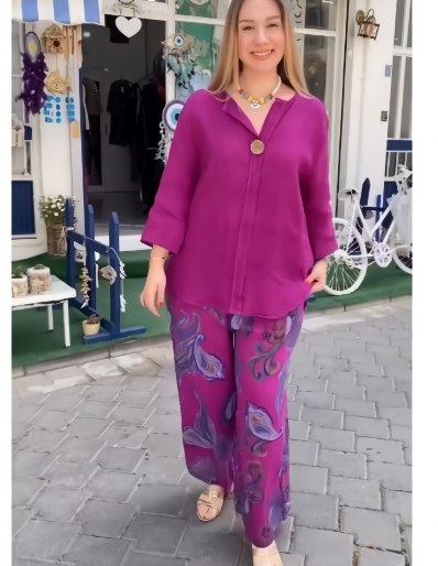 Fashionable loose cotton and linen long sleeved top, casual printed straight leg pants two-piece set