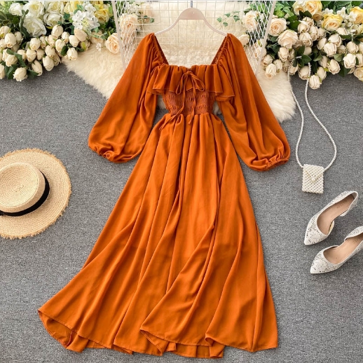 Women's French retro square neck Western style bubble sleeve chiffon skirt