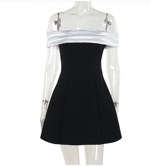 European and American style slim fit one shoulder contrasting color dress for women