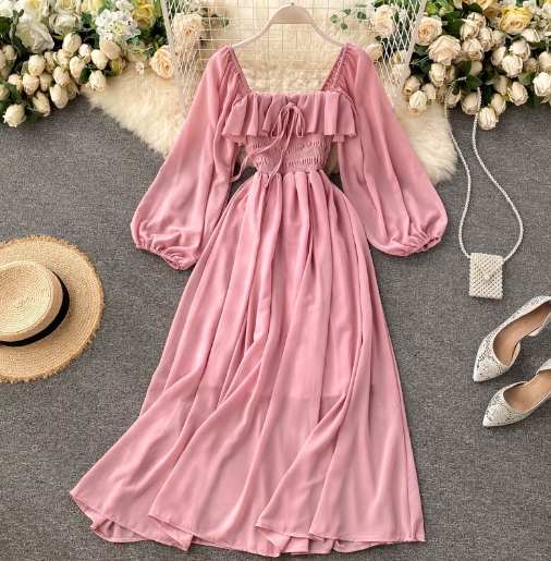 Women's French retro square neck Western style bubble sleeve chiffon skirt