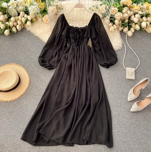 Women's French retro square neck Western style bubble sleeve chiffon skirt