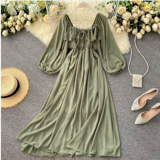 Women's French retro square neck Western style bubble sleeve chiffon skirt