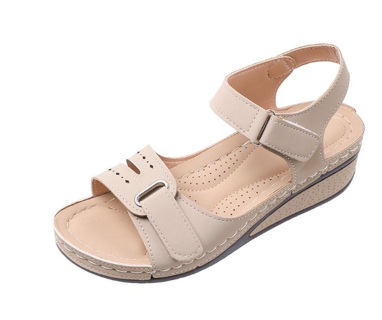 Round toe ankle sandals with women's bike line, anti slip slope heel, hollowed out oversized metal sandals