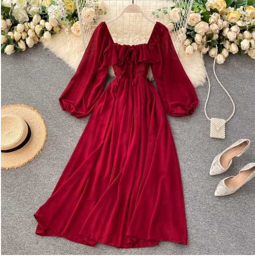 Women's French retro square neck Western style bubble sleeve chiffon skirt