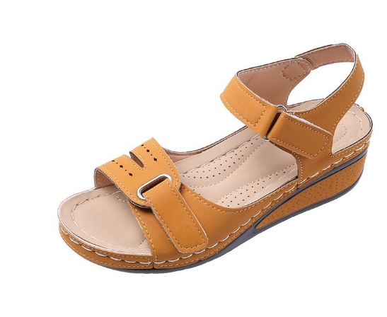 Round toe ankle sandals with women's bike line, anti slip slope heel, hollowed out oversized metal sandals