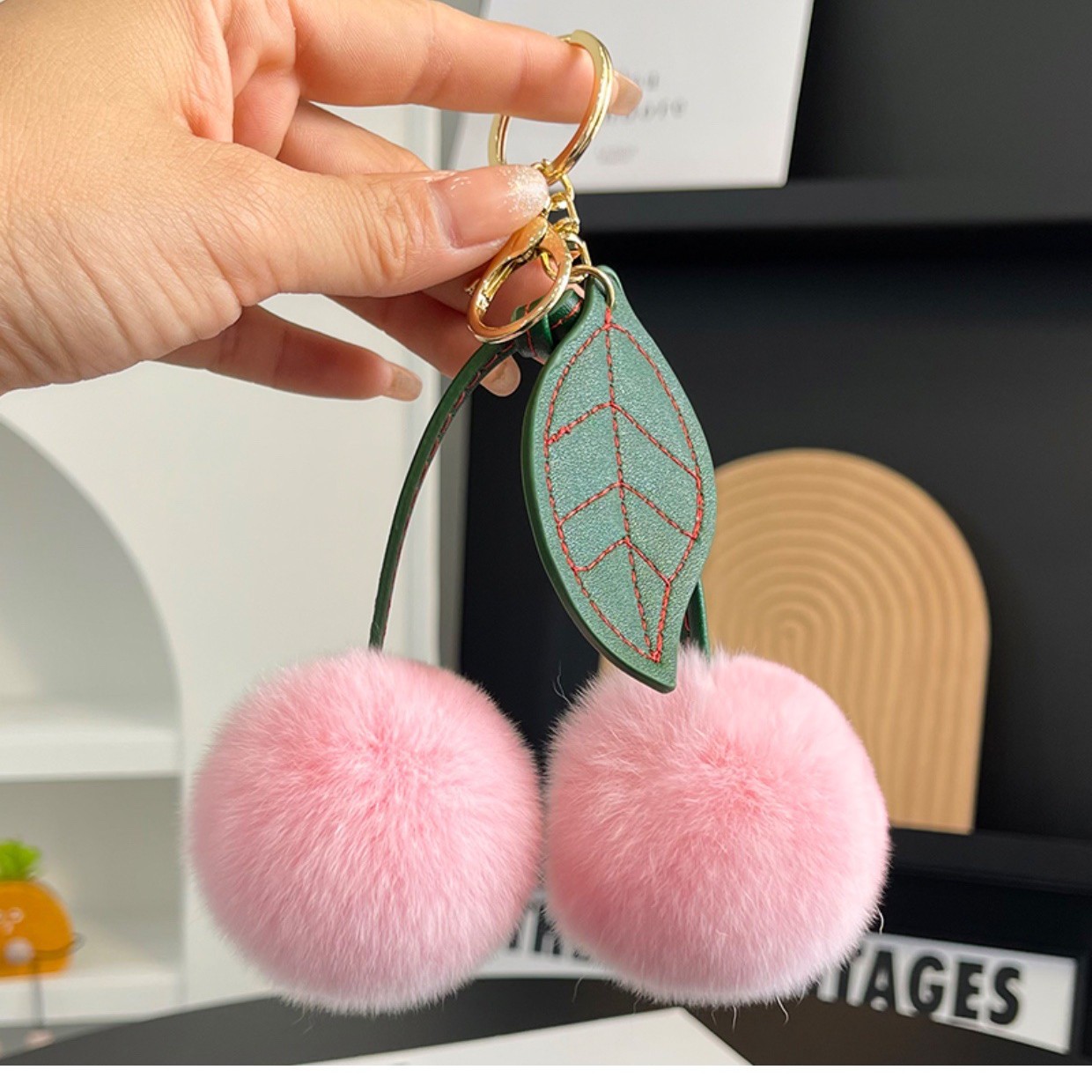 Imitation hair single leaf cherry plush pendant, fashionable car keychain, internet celebrity, cute bag decoration