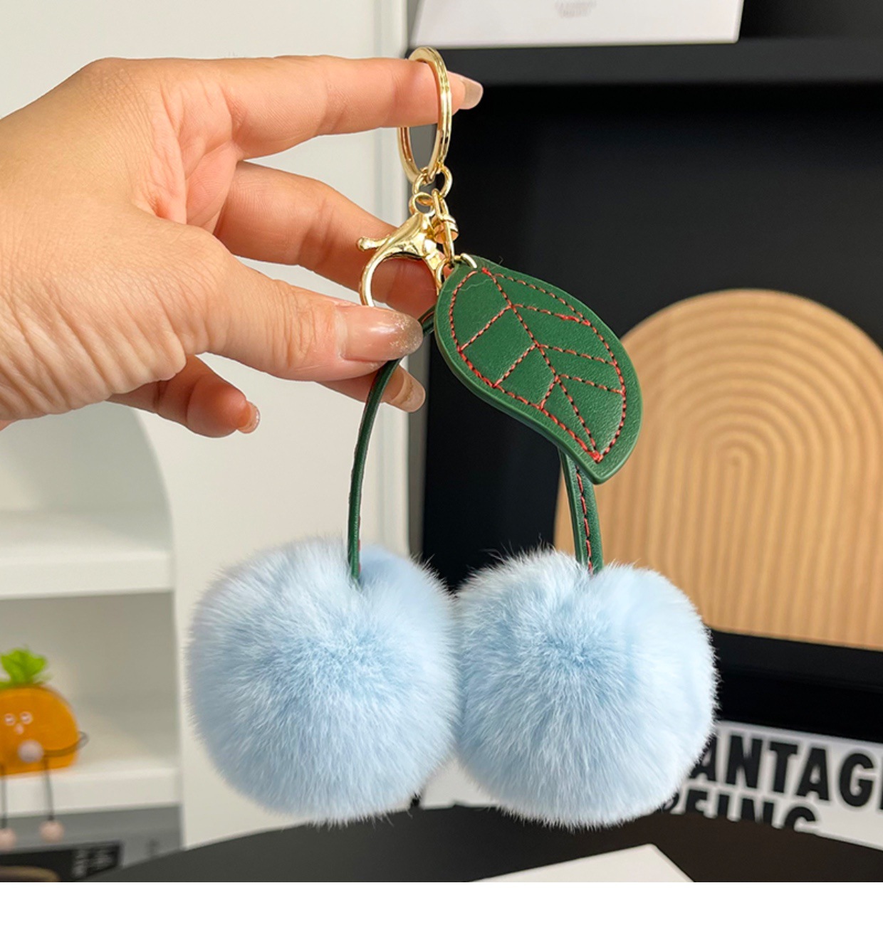 Imitation hair single leaf cherry plush pendant, fashionable car keychain, internet celebrity, cute bag decoration