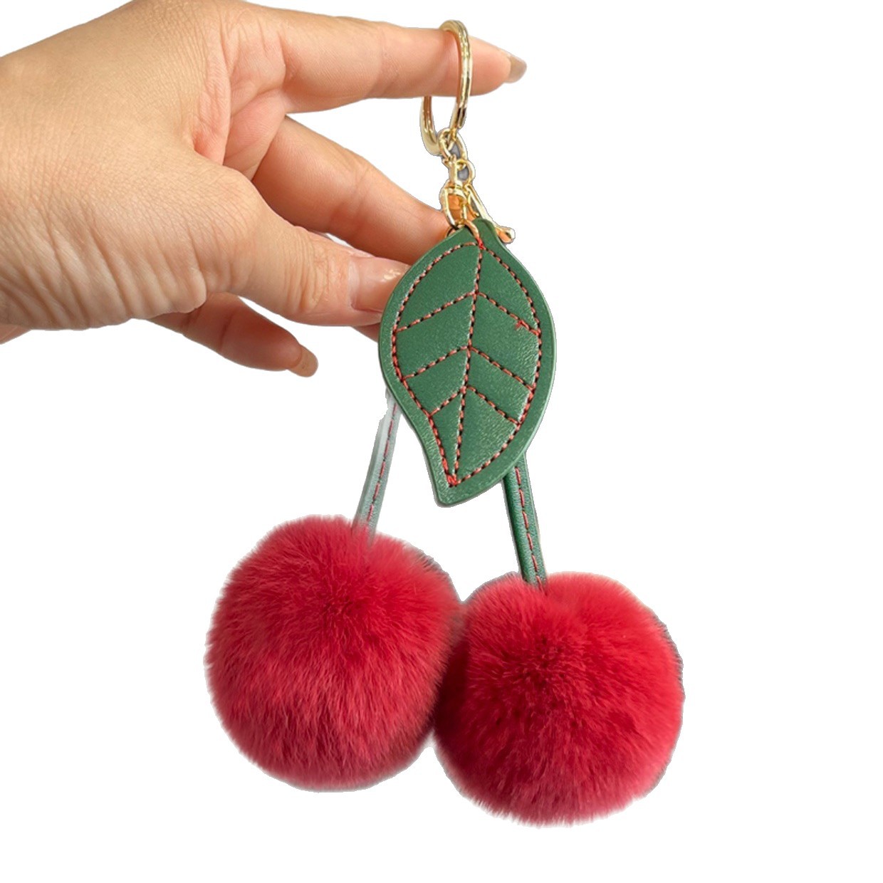 Imitation hair single leaf cherry plush pendant, fashionable car keychain, internet celebrity, cute bag decoration