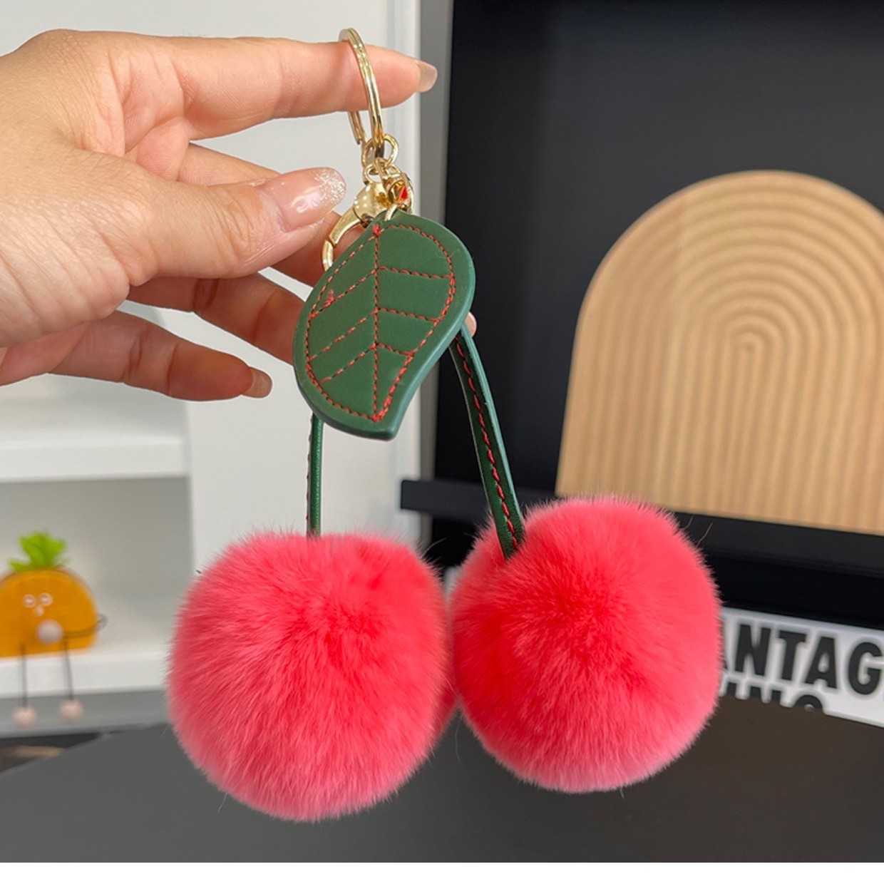 Imitation hair single leaf cherry plush pendant, fashionable car keychain, internet celebrity, cute bag decoration