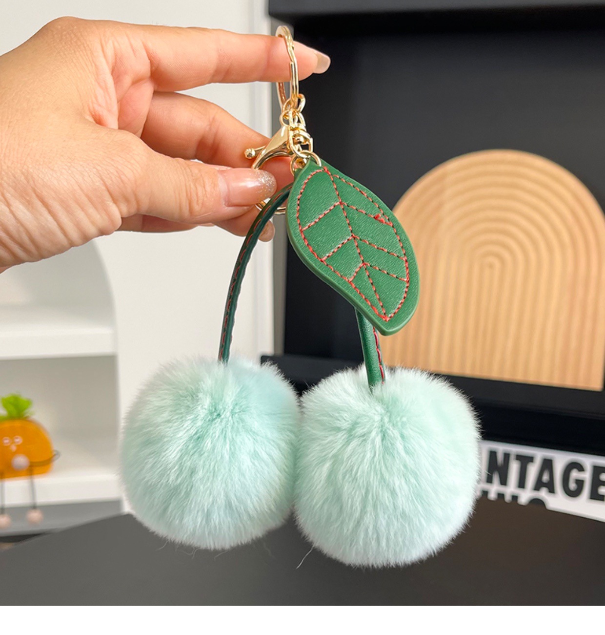 Imitation hair single leaf cherry plush pendant, fashionable car keychain, internet celebrity, cute bag decoration