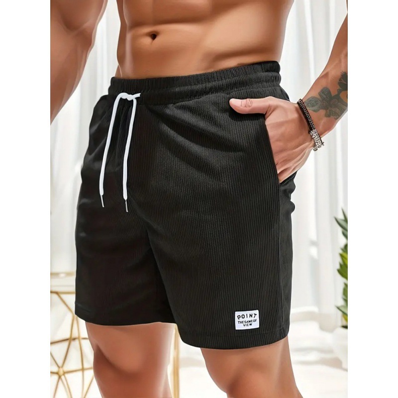 Solid color lace up sports pants, corduroy, minimalist five quarter shorts for men