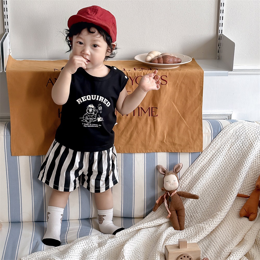 Cartoon T-shirt sleeveless vest top striped shorts two-piece set for male baby set
