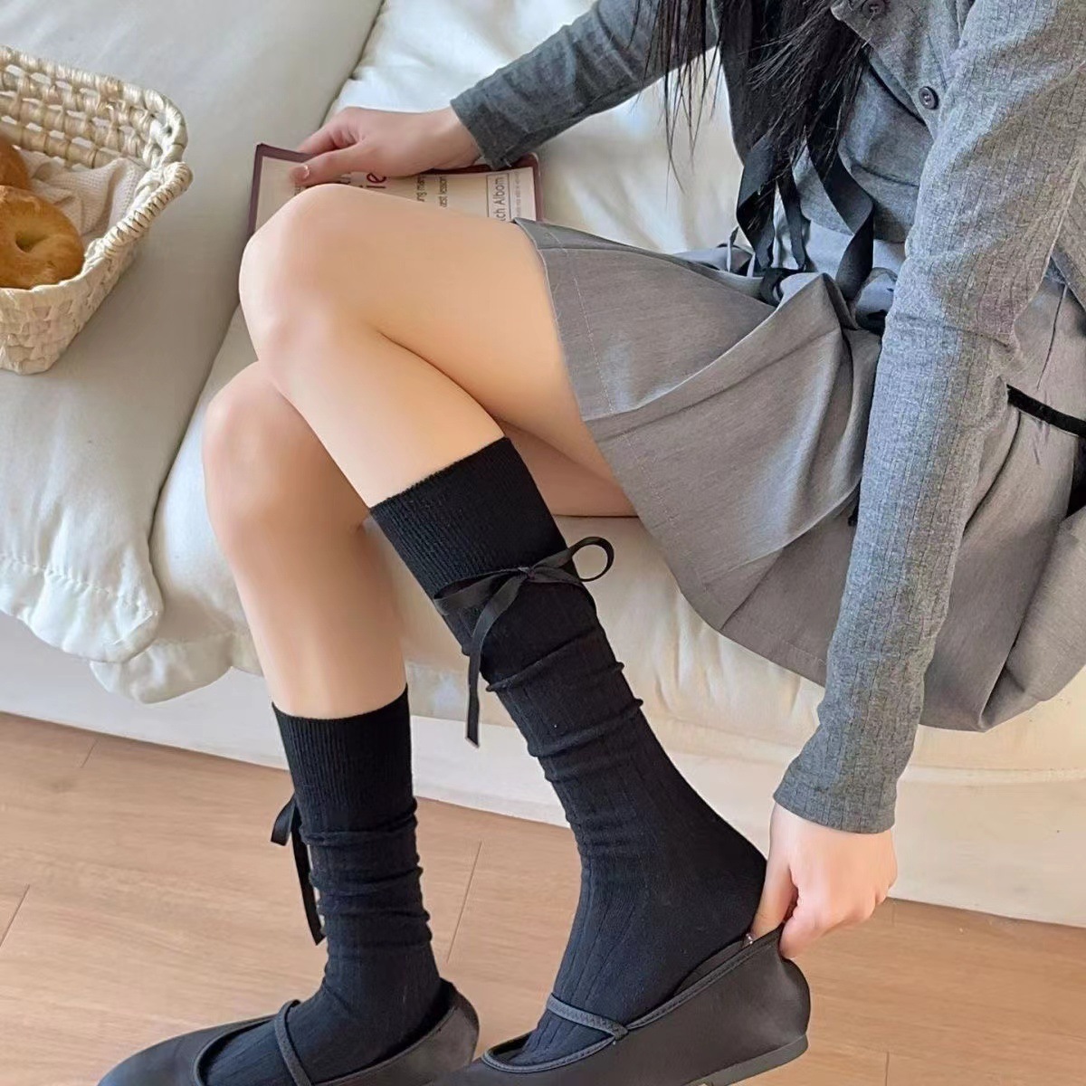 Ballet style bow jk long socks solid color calf socks for women