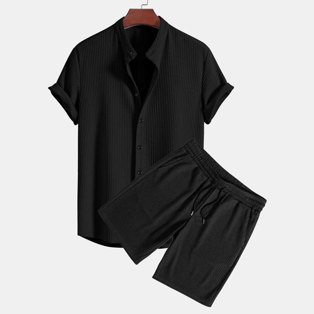 Men's shirt casual loose short sleeved shorts ice silk set