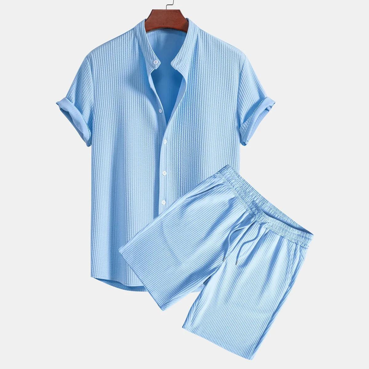 Men's shirt casual loose short sleeved shorts ice silk set
