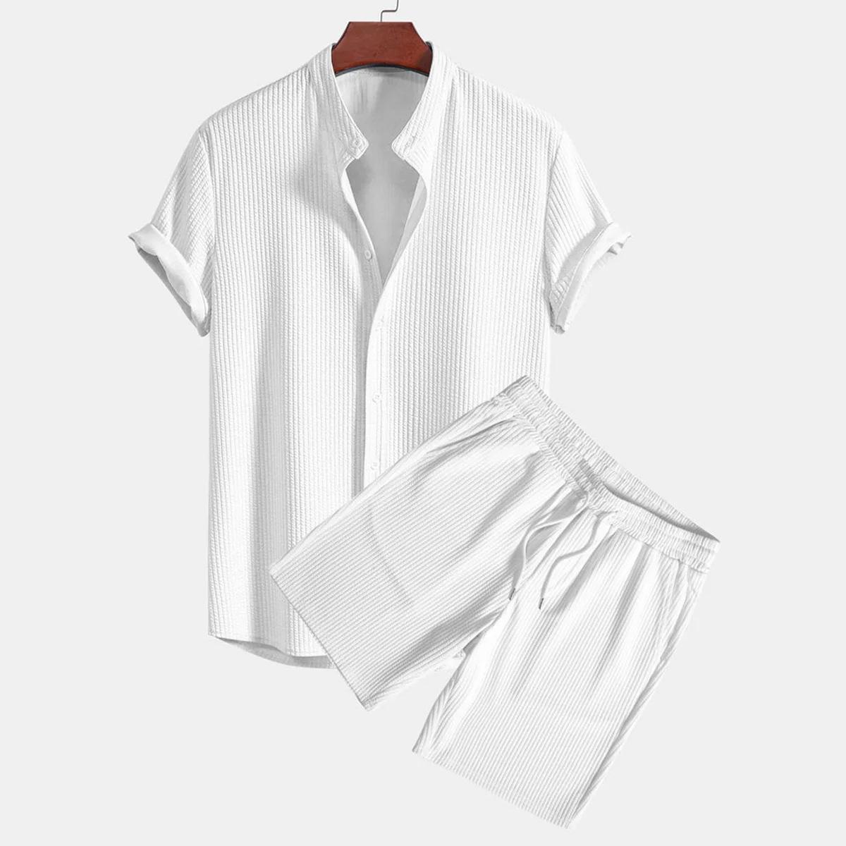 Men's shirt casual loose short sleeved shorts ice silk set
