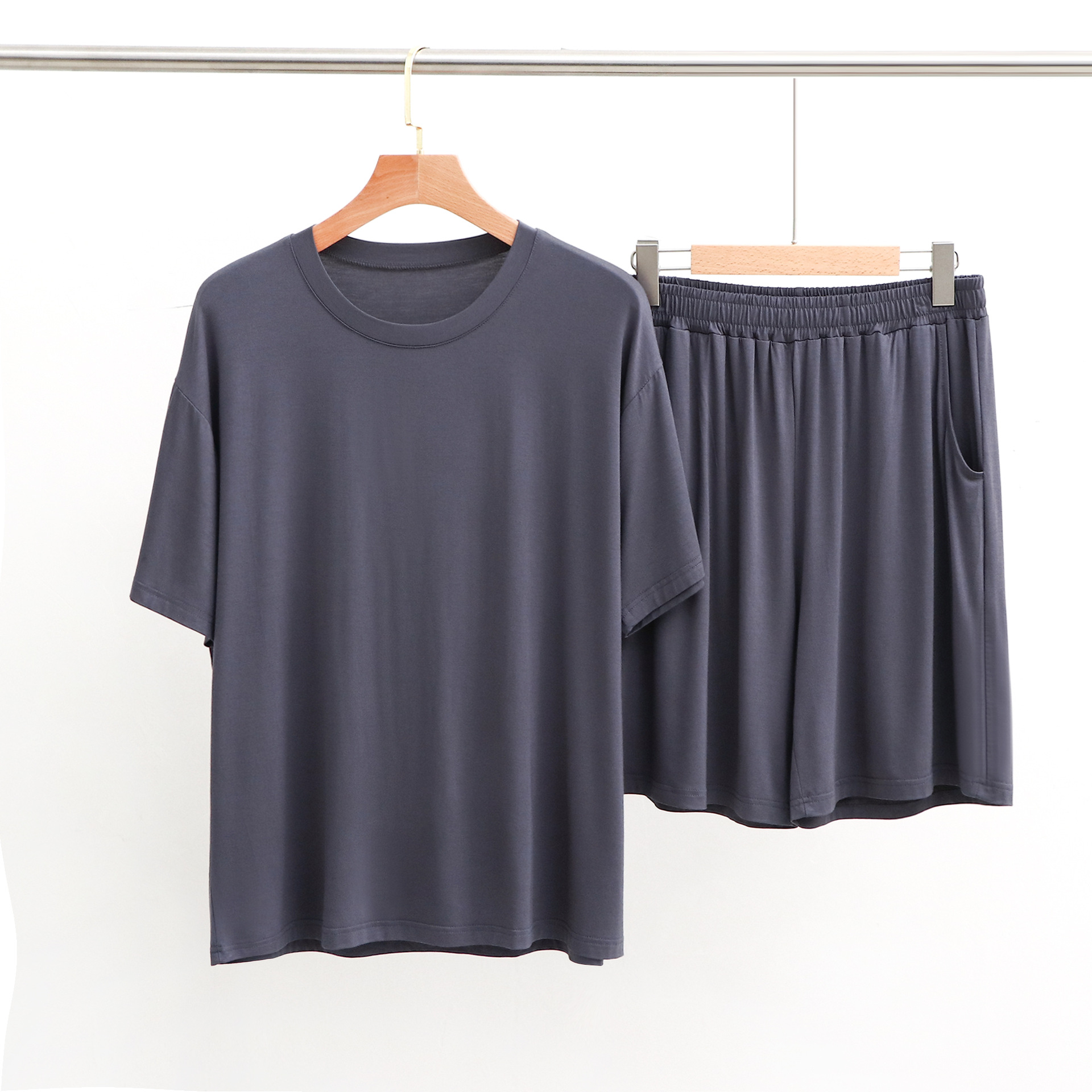 Modal men's home wear elastic drape pajamas round neck short sleeved shorts