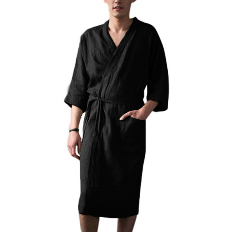 Men's home wear comfortable mid to long length seven inch sleeve nightgown without collar