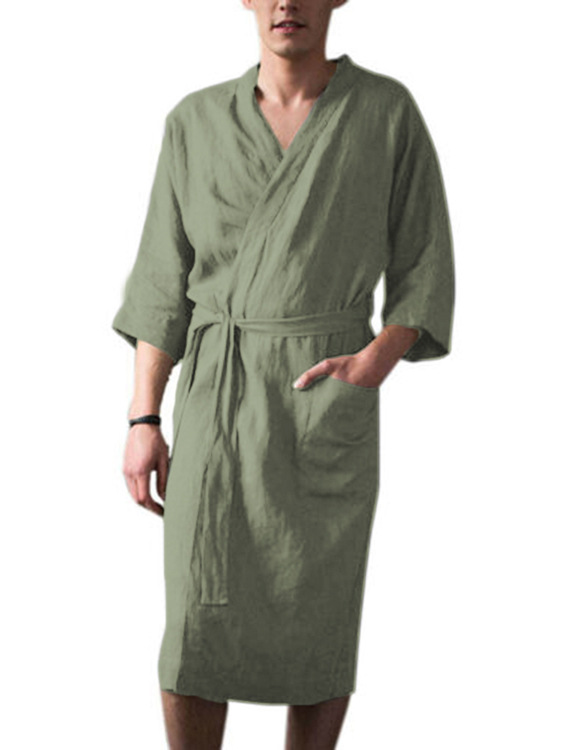 Men's home wear comfortable mid to long length seven inch sleeve nightgown without collar