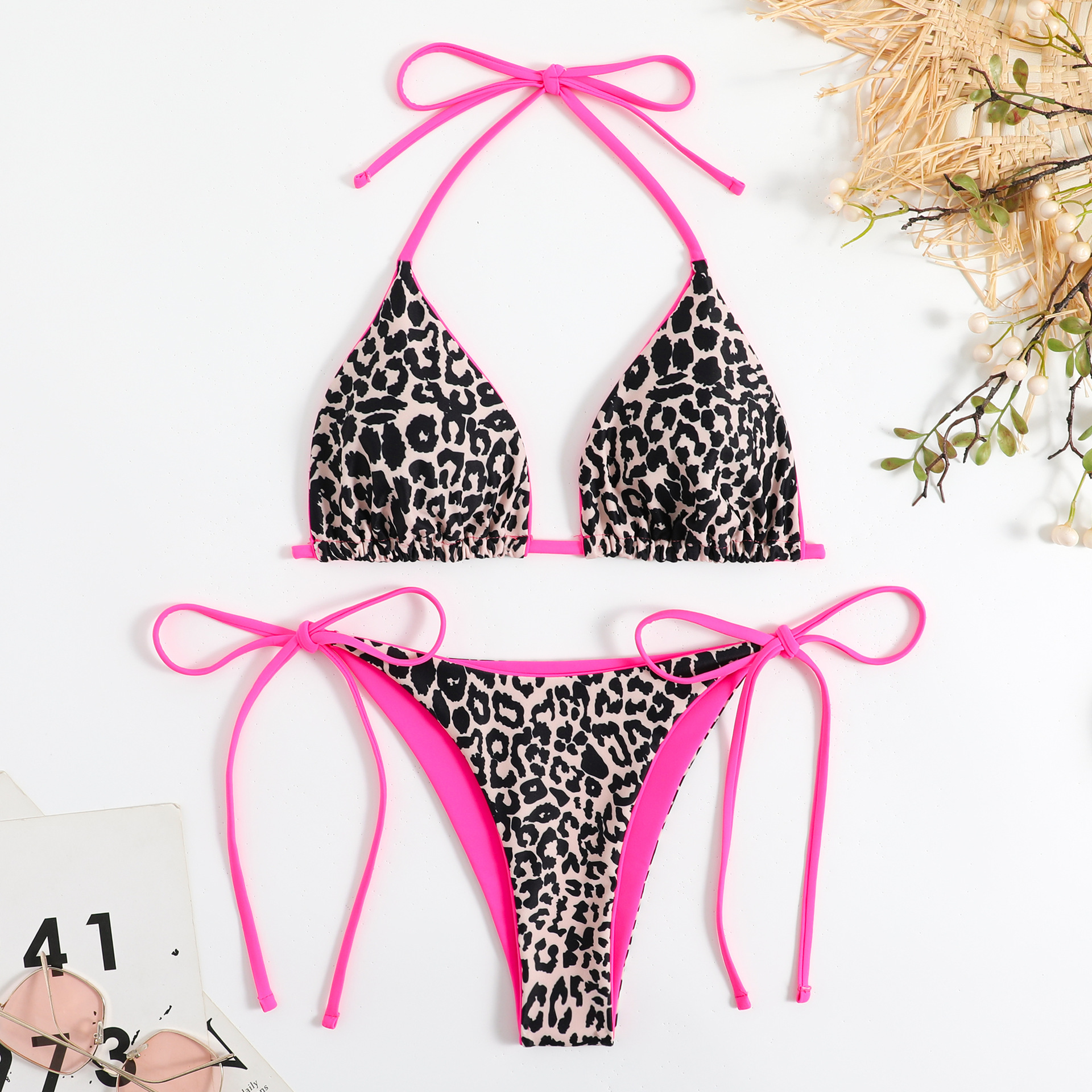 Bikini leopard print solid color sexy split swimsuit women's triangle swimsuit