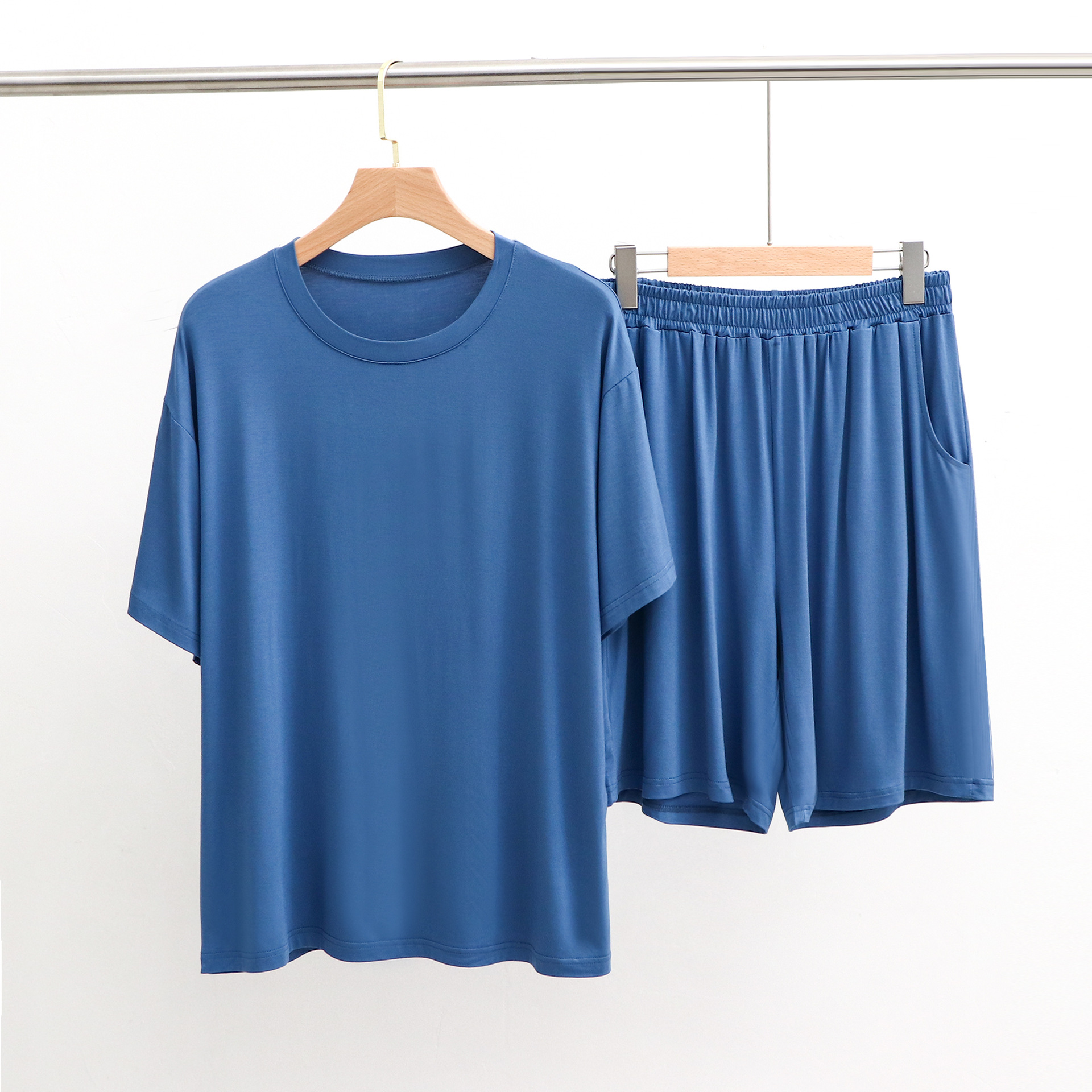 Modal men's home wear elastic drape pajamas round neck short sleeved shorts