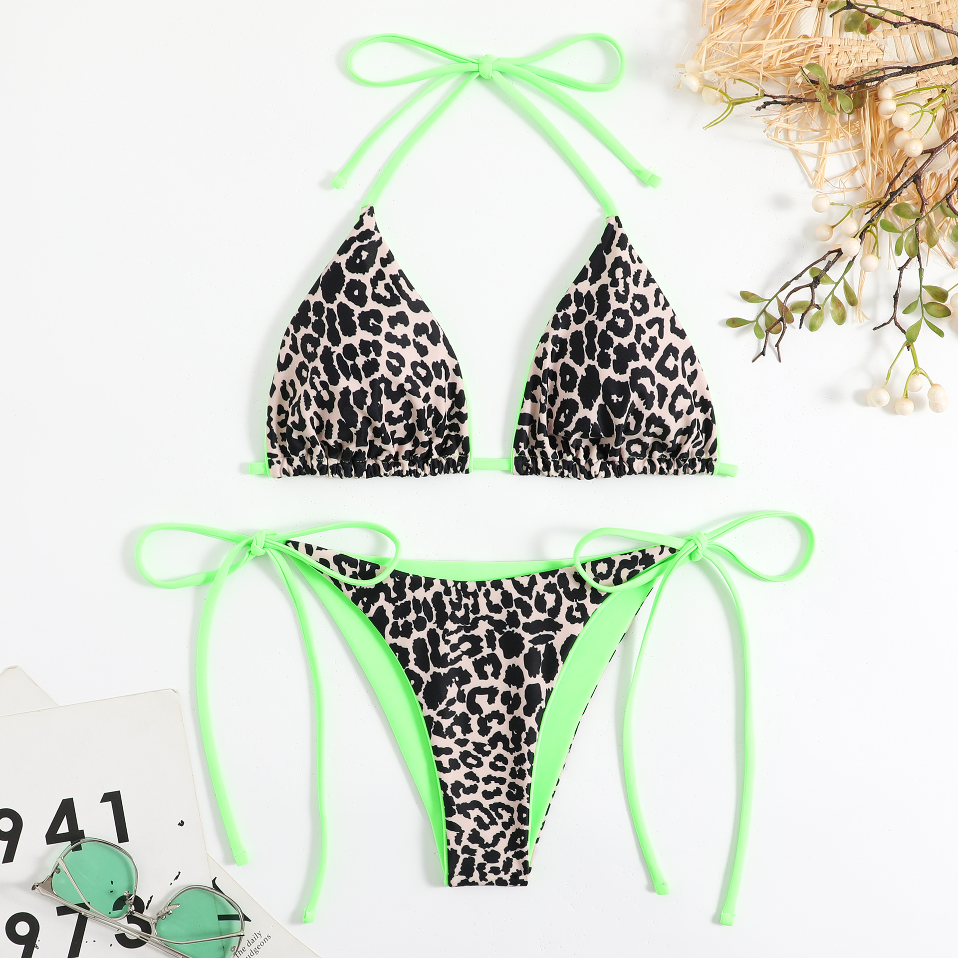 Bikini leopard print solid color sexy split swimsuit women's triangle swimsuit